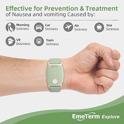 Miniatura 3 de EmeTerm Explore la FDA - Pulsera antináuseas IP67, impermeable, banda de alivio de mareos por movimiento matutino, diseño clásico recargable, sin