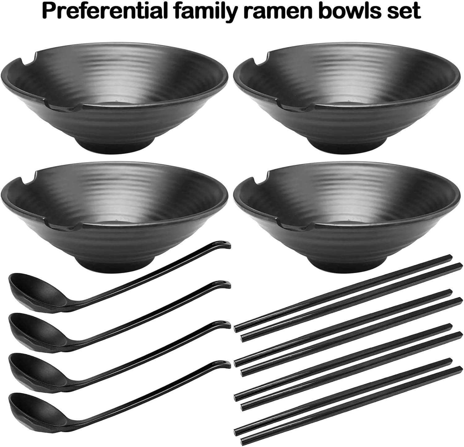 4 Sets Ramen Bowl set (Black Melamine Large Noodle Bowls),37 oz Japanese Style Soup Bowls Set with Chopsticks and Spoons for Soup, Cereal, Rice, Udon, Asian Noodles