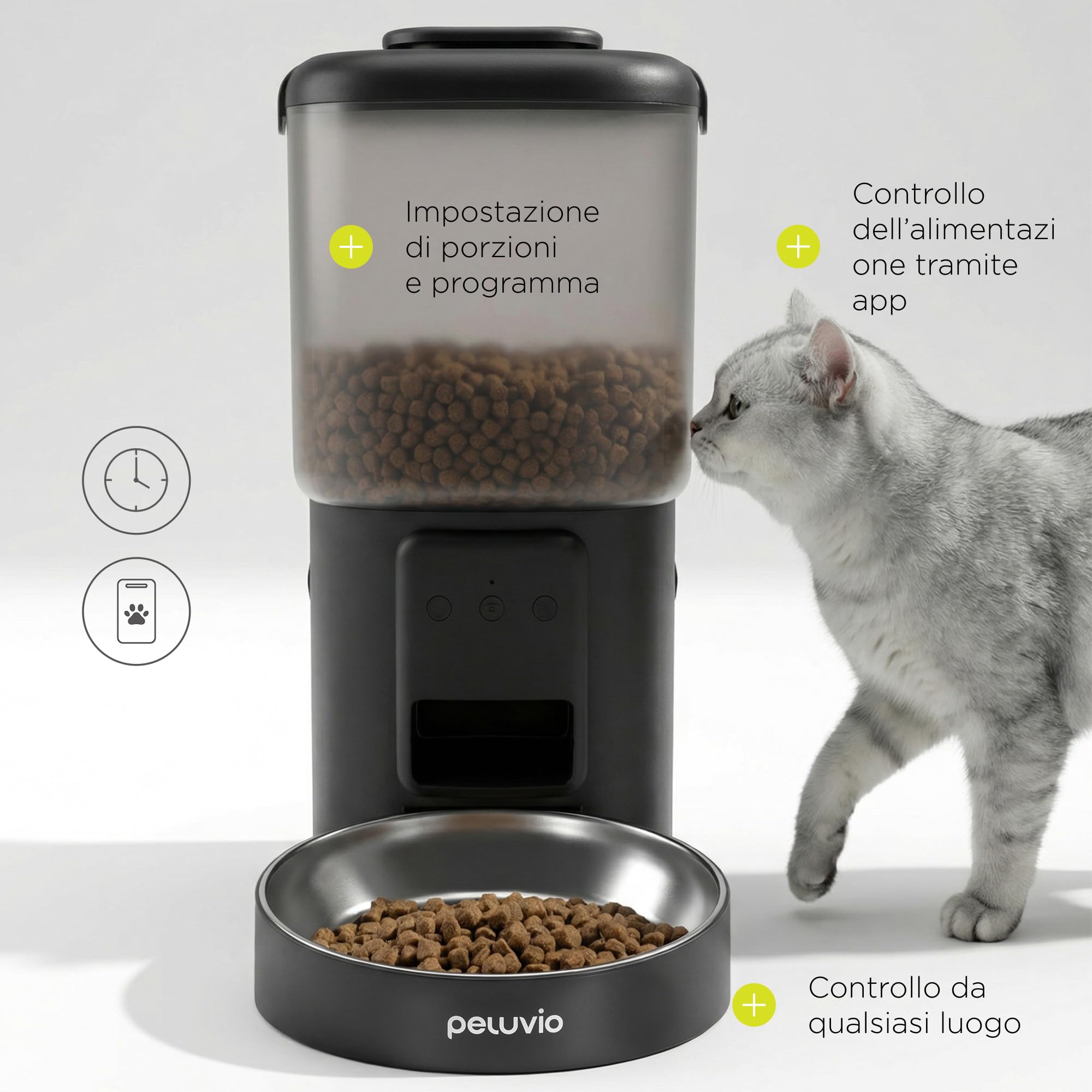 CRISPY WI-FI Distributore Automatico Cibo Gatti e Cani WiFi con App, 4,5 L, Programmabile Timer e Porzioni, Registrazione Vocale, Ciotola in Acciaio Inox, Cavo e Batterie, Cavo 2,5 m (Nero) | Per Cani e Gatti, App, Timer e Porzioni Programmabili, Registra