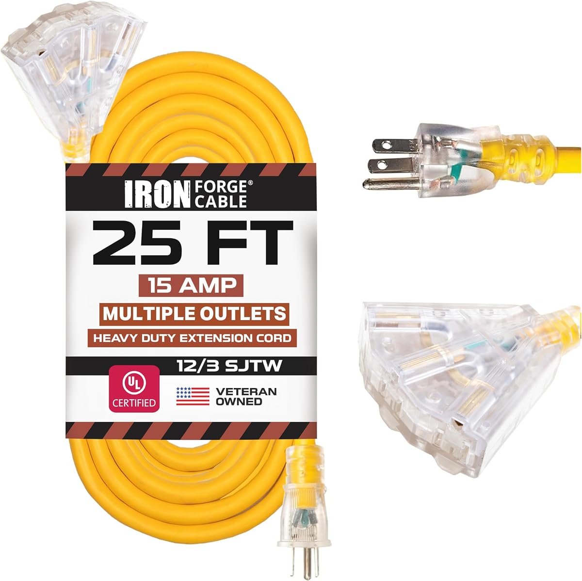 Cable de extensión para exteriores iluminado de 25 pies con 3 tomas de corriente eléctrica - Cable de extensión amarillo resistente 12/3 SJTW con enchufe con conexión a tierra de 3 clavijas para seguridad, 15 amperios | Cable para exteriores 12/3, extremo iluminado, enchufe con conexión a tierra de 3 clavijas, 15 amperios, resistente a la intemperie - para lugares de trabajo, garajes, electrodomésticos, vehículos recreativos