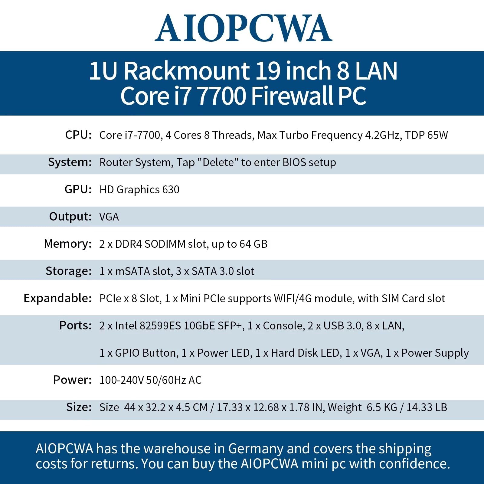1U Firewall Appliance B150 Core i7 7700, 2 x 10Gb SFP+ LAN Firewall Hardware VPN Router PC, DDR4 OPNsense Hardware 19”Rackmount for Homelab Server with VGA, SIM, Barebone