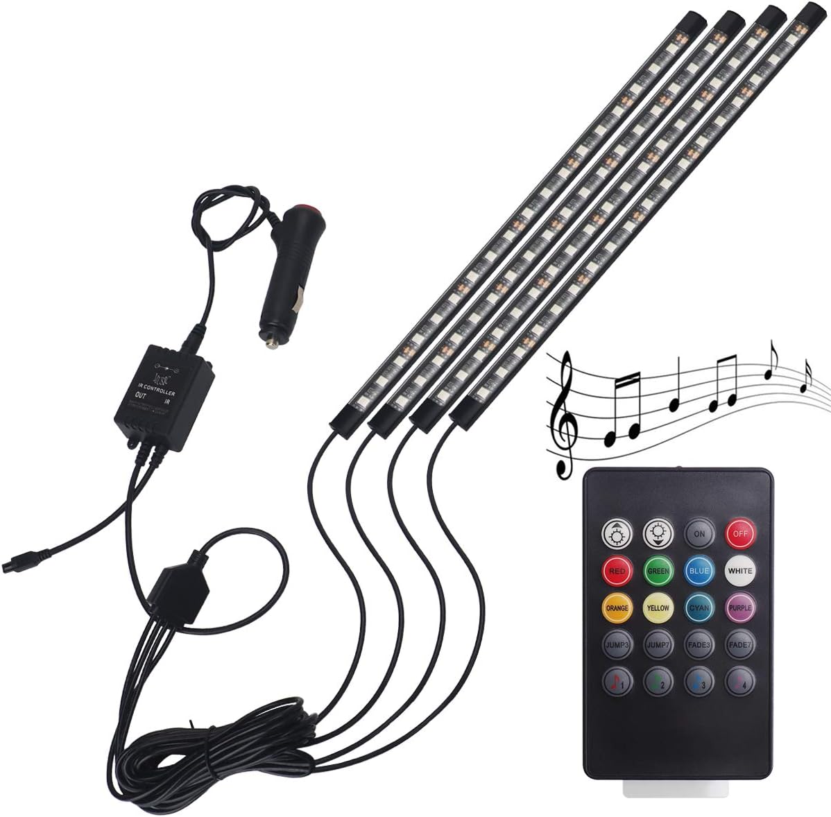 Car LED Strip Light 4pcs 72 LED Multicolor Music Car Interior Light LED Under Dash Lighting Kits DC 12V with Sound Active Function and Wireless Remote Control, Car Charger Included