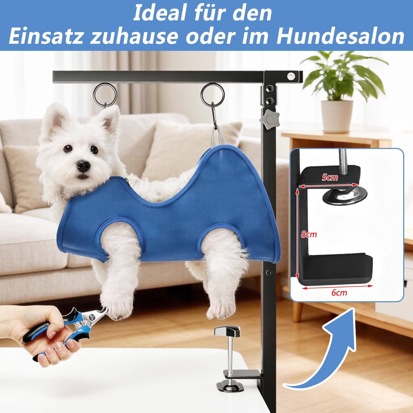 W&H Brazo plegable para aseo de perros con abrazadera de mesa, altura ajustable | 66 – 102 cm, accesorio de peluquería para perros con hamaca y correa antiasiento, para aseo, baño y tijeras