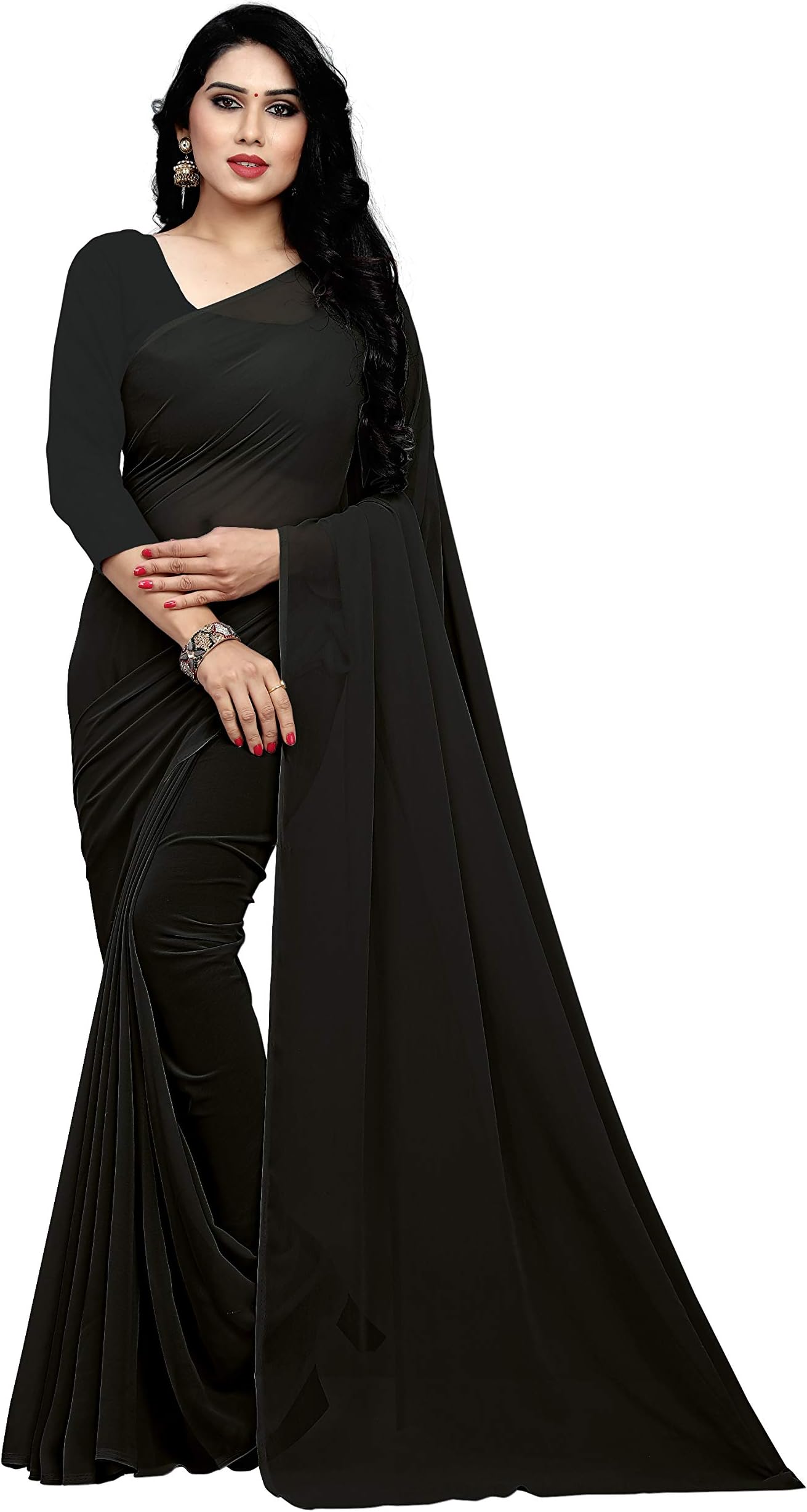 Plain Georgette Chiffon Saree for Women Indian Sari with Unstitched Blouse Piece
