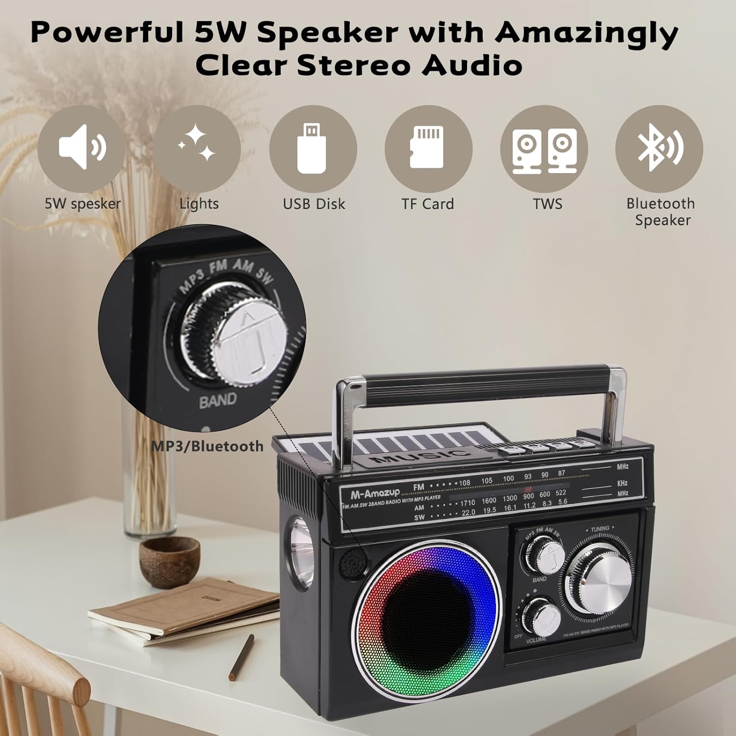 Radios Portable AM FM, Retro Portable Radio with Bluetooth Speaker and Flashlight, Strong Reception with Colorful Mood Lights, TF Card, Solar/Battery/AC Rechargeable for Gift,Elder,Home,Black
