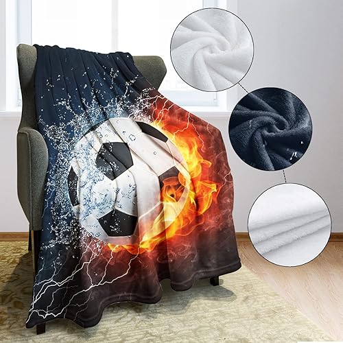 Miniatura 5 de Manta de fútbol fresca, colisión de gotas de agua azul llama roja, cálida y suave, 50 x 60 pulgadas, para niños, adolescentes y fanáticos del deporte