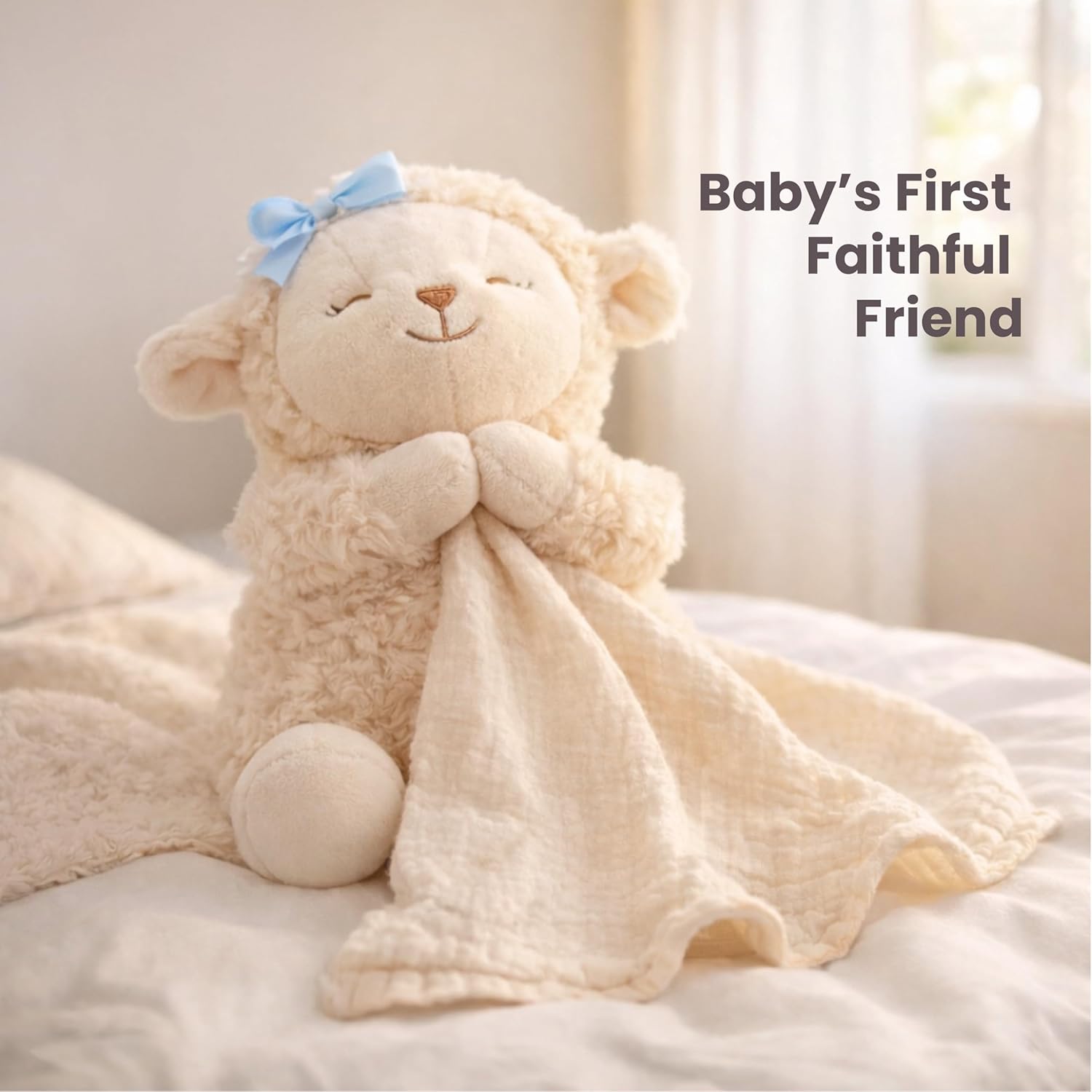 Baptism Gift for Boy Baptism Set with 10" Praying Lamb Plush Toy with Blue Bow, Bamboo Muslin Blanket & First Prayer Book, Ready to Gift Keepsake Box