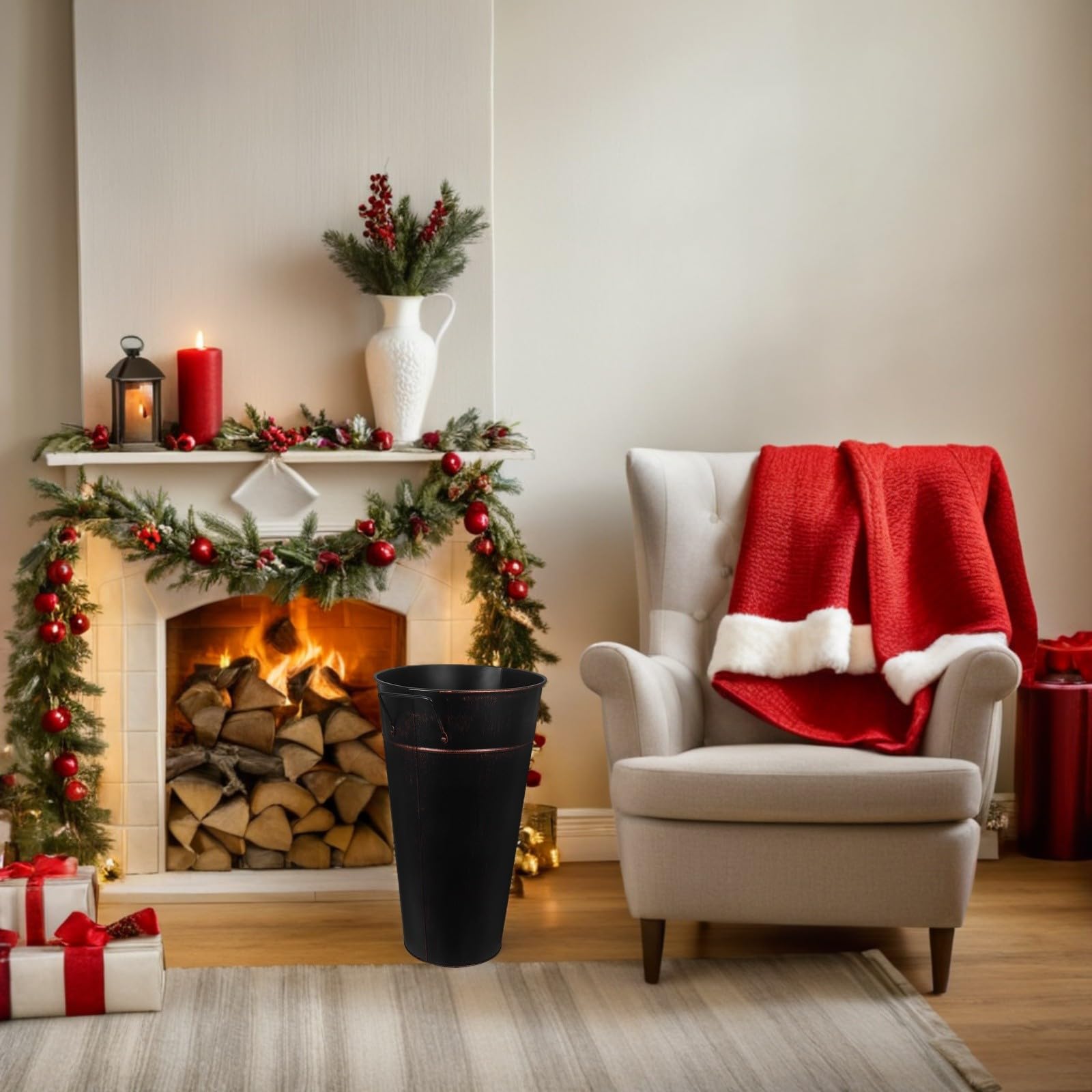 DOITOOL Leñero de Metal con Asa para Chimenea, Cubo Alto con Gran Capacidad, Organizador Decorativo y Portátil para Leña en Interiores y Exteriores