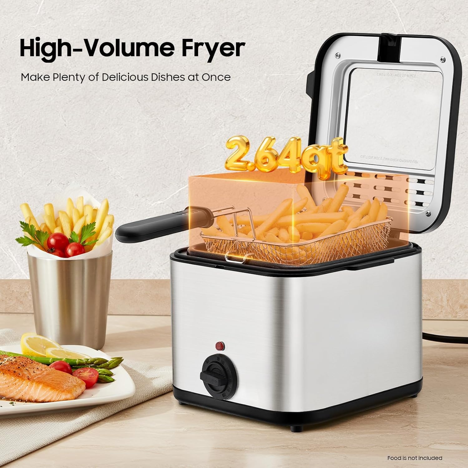 Electric Deep Fryer with Basket - 1000W, 2.5L Oil Container, Adjustable Temperature & View Window, Portable Fryer for Fries, Fish, Chicken, Donuts - Small Deep Fryer for Personal Use at Home