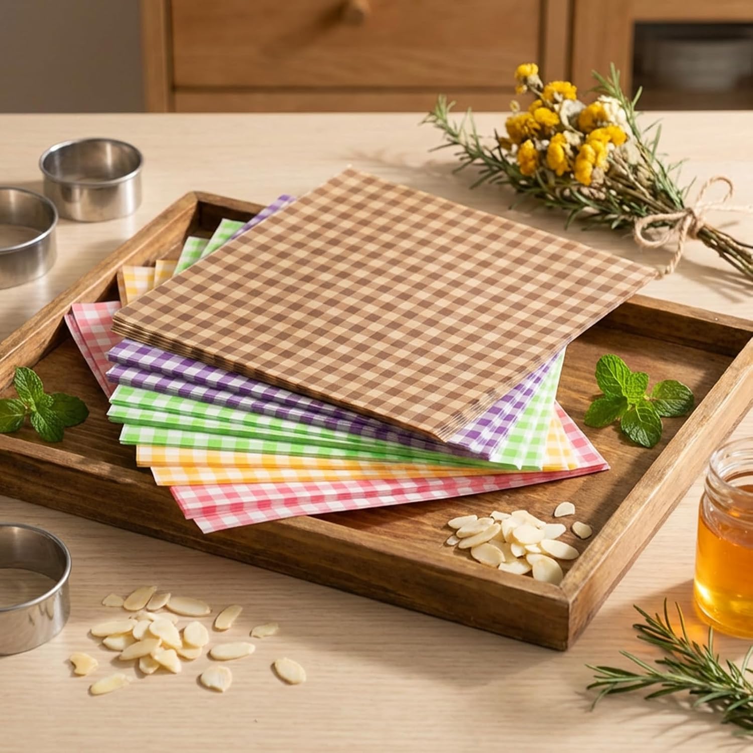 100 PCS 5 Colors Checkered Waxed Deli Paper Sheets, 7.1x7.1 Inch Greaseproof Food Basket Liners, Squares Checkered Sandwich & Burger Wrapping Wax Paper, Tray Parchment Liners for Picnics, Restaurants
