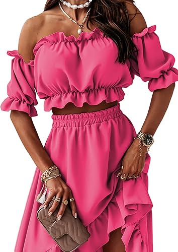 Miniatura 2 de LYANER Conjunto de dos piezas para mujer con blusa corta con hombros descubiertos y falda alta y baja