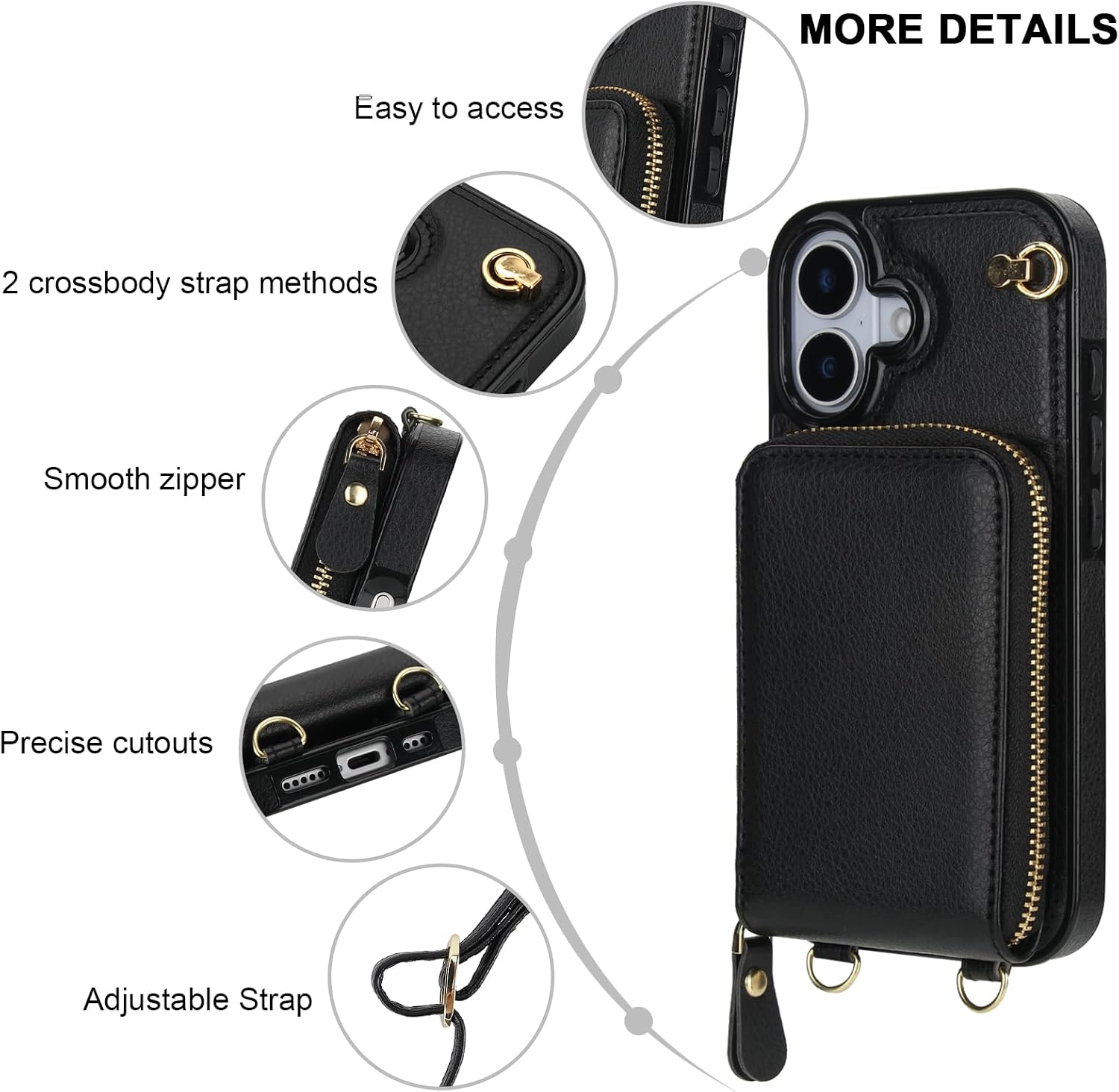 KIHUWEY Crossbody Wallet Case for iPhone 17, Zipper Pocket Case with Card Holder, PU Leather RFID Blocking Protective Cover Case with Kickstand Detachable Wrist Strap Lanyard 6.3" (Black)