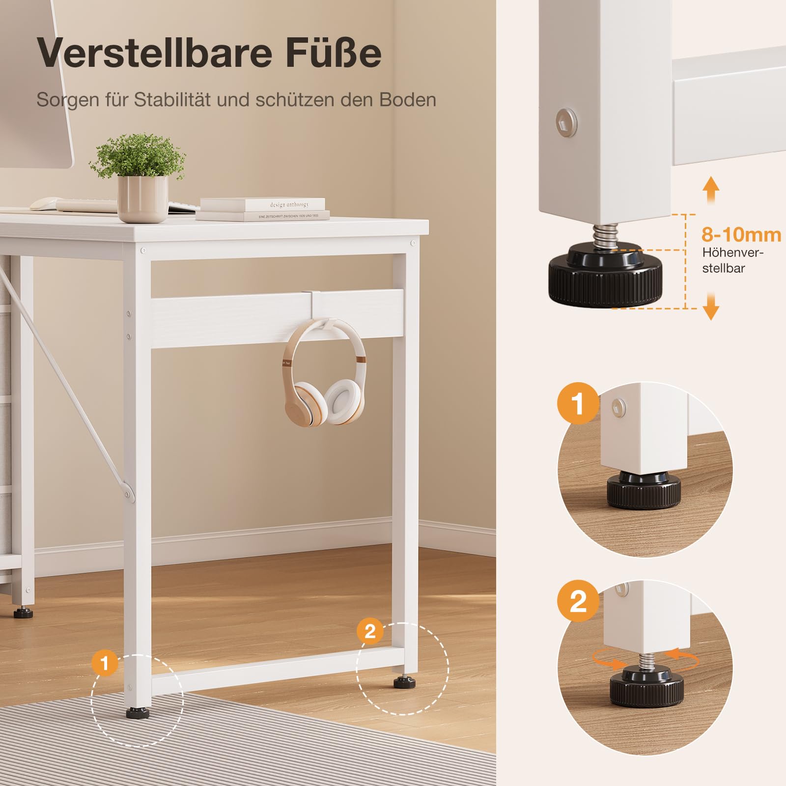 ODK Kleiner Schreibtisch mit 4 Schubladen, 100x48x75.7cm Computertisch Umkehrbarer Bürotisch mit Kopfhörer Halter, PC Tisch Holz für Heimbüro, Weiß