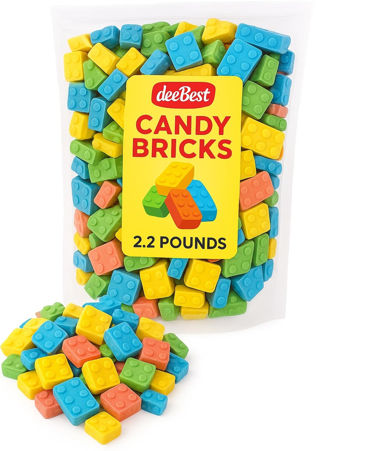 Candy Bricks by Dee Best - 2.2 lbs of Deliciously Sweet Hard Candy Blocks in Various Sizes - Red, Blue, Green and Yellow - Building Block Candy Bulk | 2.2 lbs - Over 440 Pieces- Certified Kosher Parve