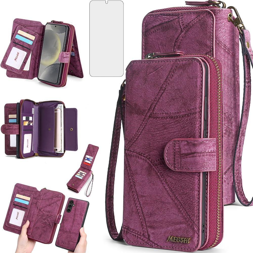 Asuwish Phone Case for Samsung Galaxy S24 5G Zipper Wallet Detachable Cover with Screen Protector and Flip Folio Mirror Card Holder Slot Cell Accessories Protective S 24 24S GS24 G5 Women Men WineRed