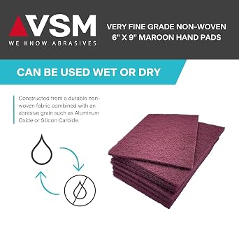 VSM 10-Pack: 6 x 9, Maroon - Very FIne, Non-Woven Hand Pad, Aluminum Oxide Grains, Rust and Oxidation Resistant, Multipurpose Abrasive Scrub Pad for Finishing and Cleaning