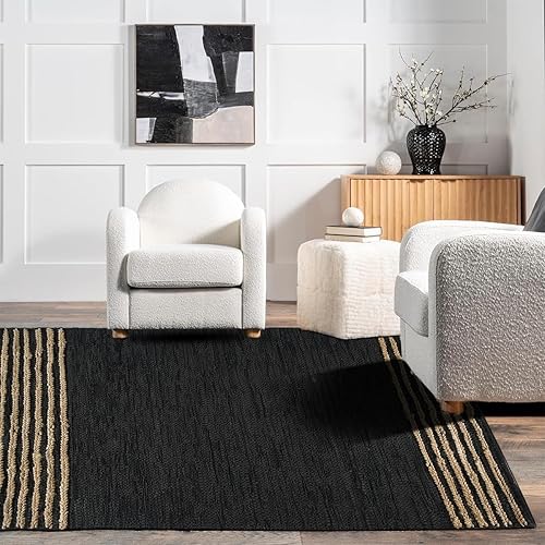 Miniatura 9 de GRUHUM Alfombra de Área de Yute 4x6 pies Negro Cuero Natural Hecho a Mano Boho Granja Rústico Vintage Ecológico Suave Alfombra Trenzada para