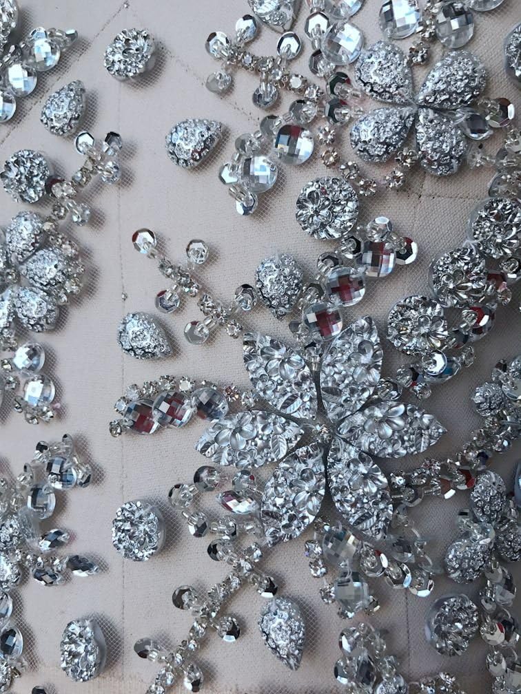 Zbroh Handmade Beaded Silver Crystal Bling Sew On Bridal Rhinestone Applique Motif Patch for Wedding Dresses DIY Decorative Clothes 50x30cm