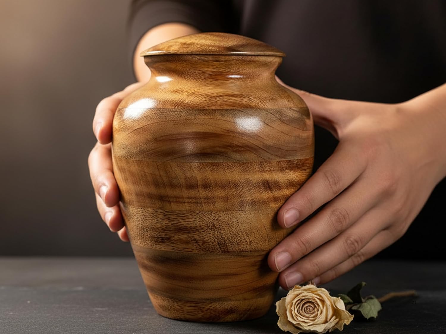 Hand-Turned Mango Wood Cremation Urn for Human or Pet Ashes – Medium 9" x 6", Holds 80 Cubic Inches – Wooden Memorial Urn with Burned Finish, Threaded Lid & Velvet Base
