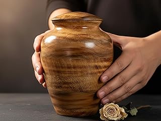 Hand-Turned Mango Wood Cremation Urn for Human or Pet Ashes – Medium 9" x 6", Holds 80 Cubic Inches – Wooden Memorial Urn with Burned Finish, Threaded Lid & Velvet Base