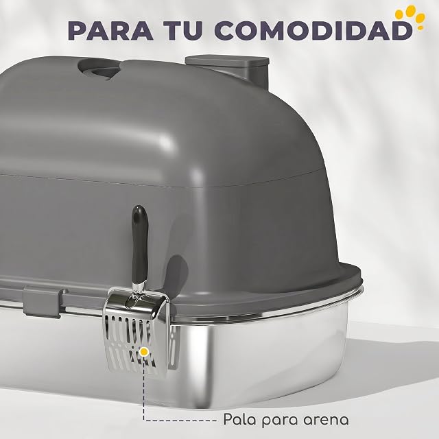 Foto 5 de 8 de PawHut Arenero para Gatos Cubierto de Acero Inoxidable Pala Gris Oscuro