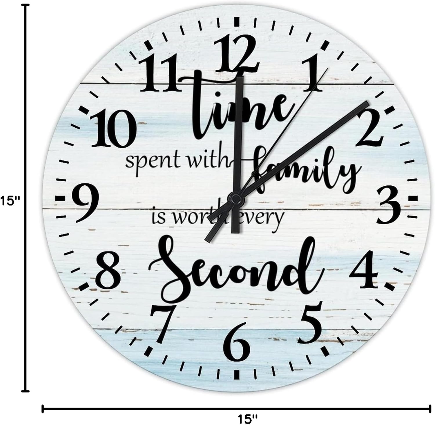 Time Spent with Family is Worth Every Second Clock Wood 15 Inch, Family Inspirational Quote Wall Clock Modern Battery Operated Round Arabic Numbers Clock for Farmhouse Home Decoration