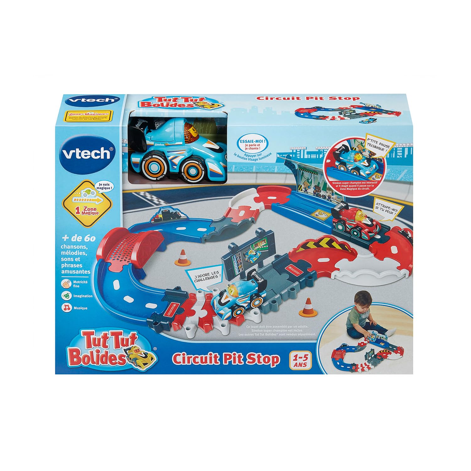 VTech - Tut Tut Bolides Circuit Pit Stop - Circuit Enfant F1 avec Voiture de Course, Siméon Super Champion, 1 Zone Magique - Cadeau Enfant de 1 an à 5 Ans - Contenu en Français