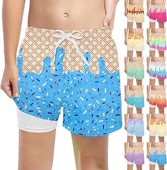Badehose Jungen Kinder 2 In 1 Badeshorts mit Kompression Liner 3d ICE Cream Druck Boardshorts Atmungsaktiv Schnelltrocknend Schwimmshort Elastisch Verstellbar Tunnelzug Sommer Strand Surf Shorts 2-14T