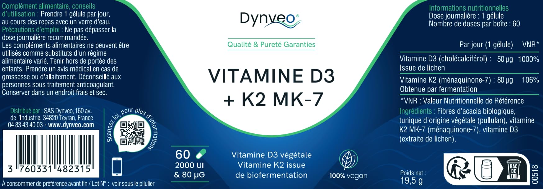 Vitamine D3 K2 - Ossature & Immunité - Dosage optimal 2000 UI D3 + 80 µg K2 - Vitamine D3 naturelle & K2 MK7 “trans” bioactive - Sans Additifs - Gélules Végétales - 60 gélules (2 mois) - Dynveo