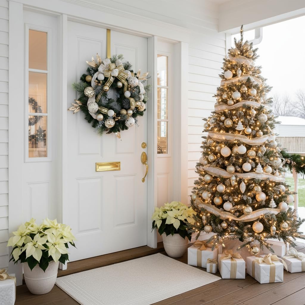 Valery Madelyn 24'' Pre-Lit Christmas Wreath for Front Door with Light, Collapsible Lighted Outdoor Christmas Wreath with White Gold Xmas Balls & Ribbons for Home Porch Fireplace Window Holiday Decor