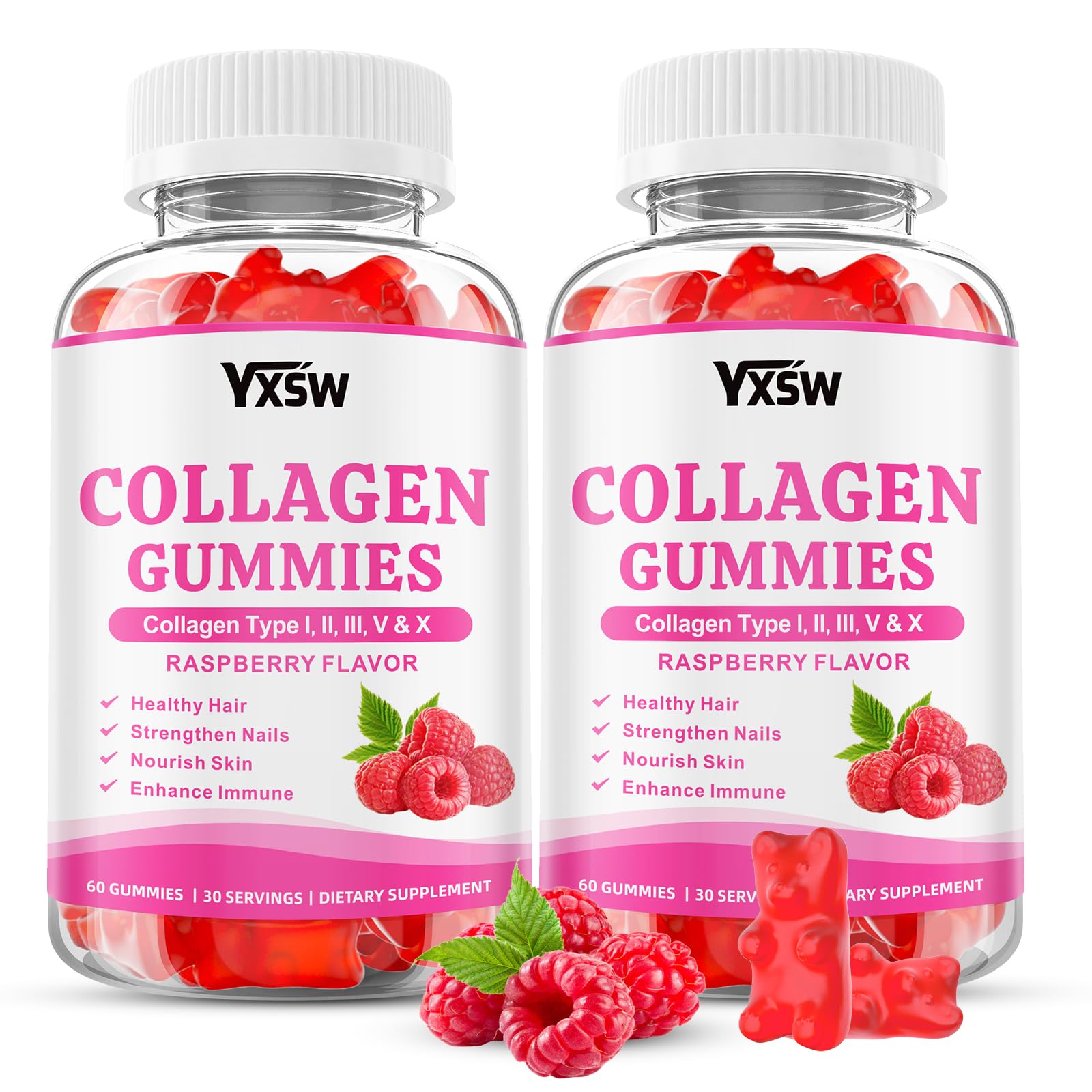 Collagen Gummies for Women Men, Hydrolyzed Collagen Protein Type I II III V X with Biotin Vitamin C A B D E Hyaluronic Acid for Hair, Skin, Nails, Joint, Immune Support, Raspberry Flavor, 120 Count