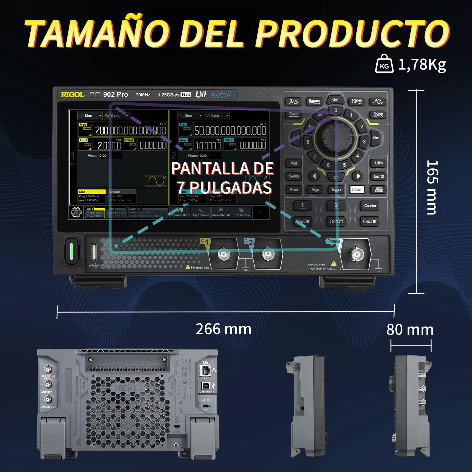RIGOL Generador de Funciones, DG902 Pro Generador de Señales,70 MHz,2 Canales,Resolución de 16 bits,Pantalla táctil HD de 7 pulgadas,Compatible con alimentación mediante power bank