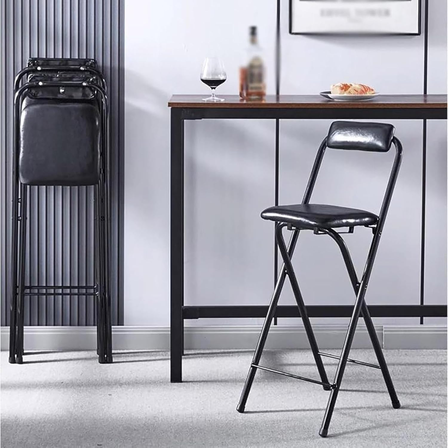 Portable Foldable Tall Bar Chair with Padded Seat Black Folding Stool for Bar Office Guitar Desk Counter(70cm)