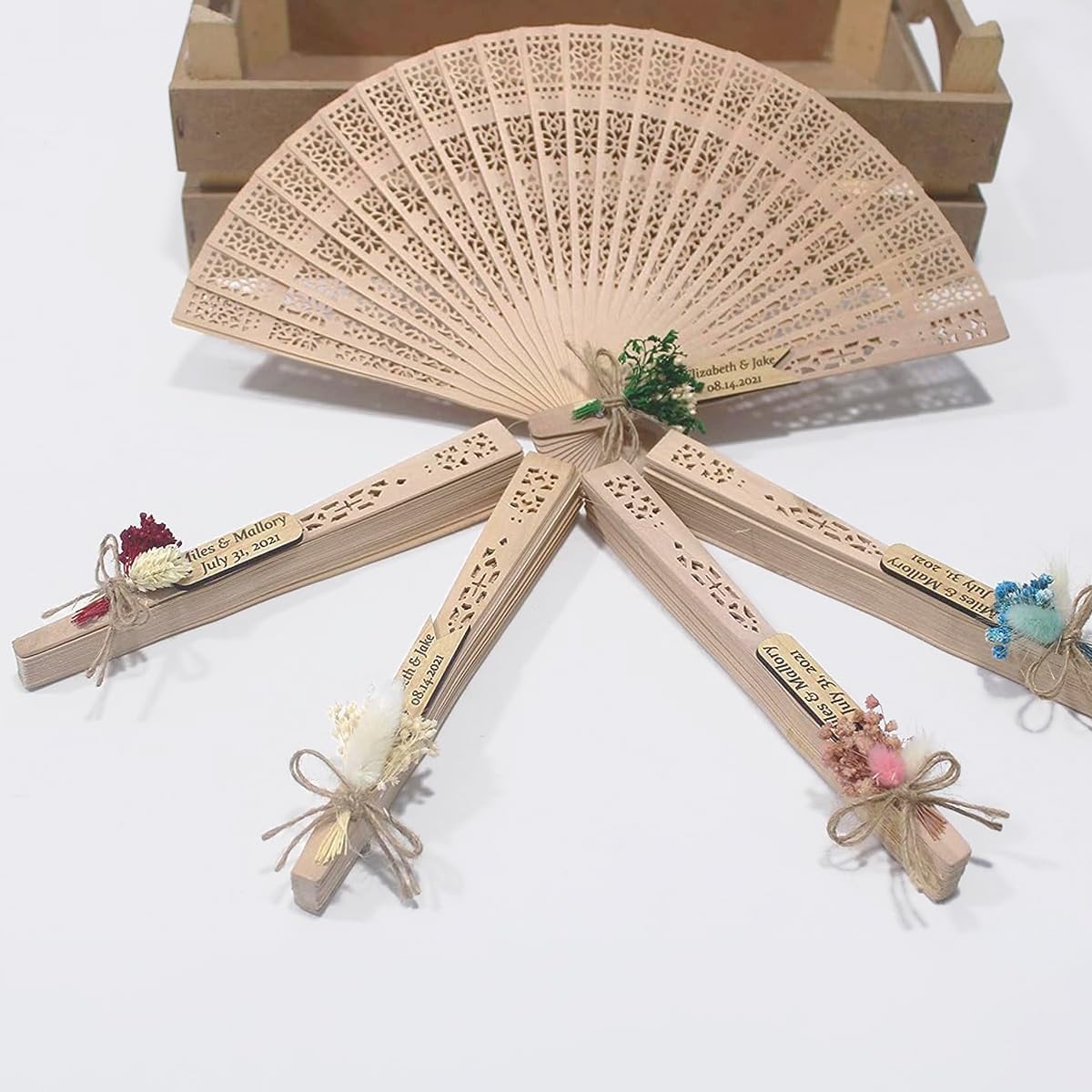 HTF Pack of 10 Personalized Handheld Folding Fan Sandalwood with Dried Flower, Wooden Hand Fan Foldable Thank You Gifts, Custom Rustic Wedding Favors for Guest, Bridal Shower Gifts, Bridesmaids Favors