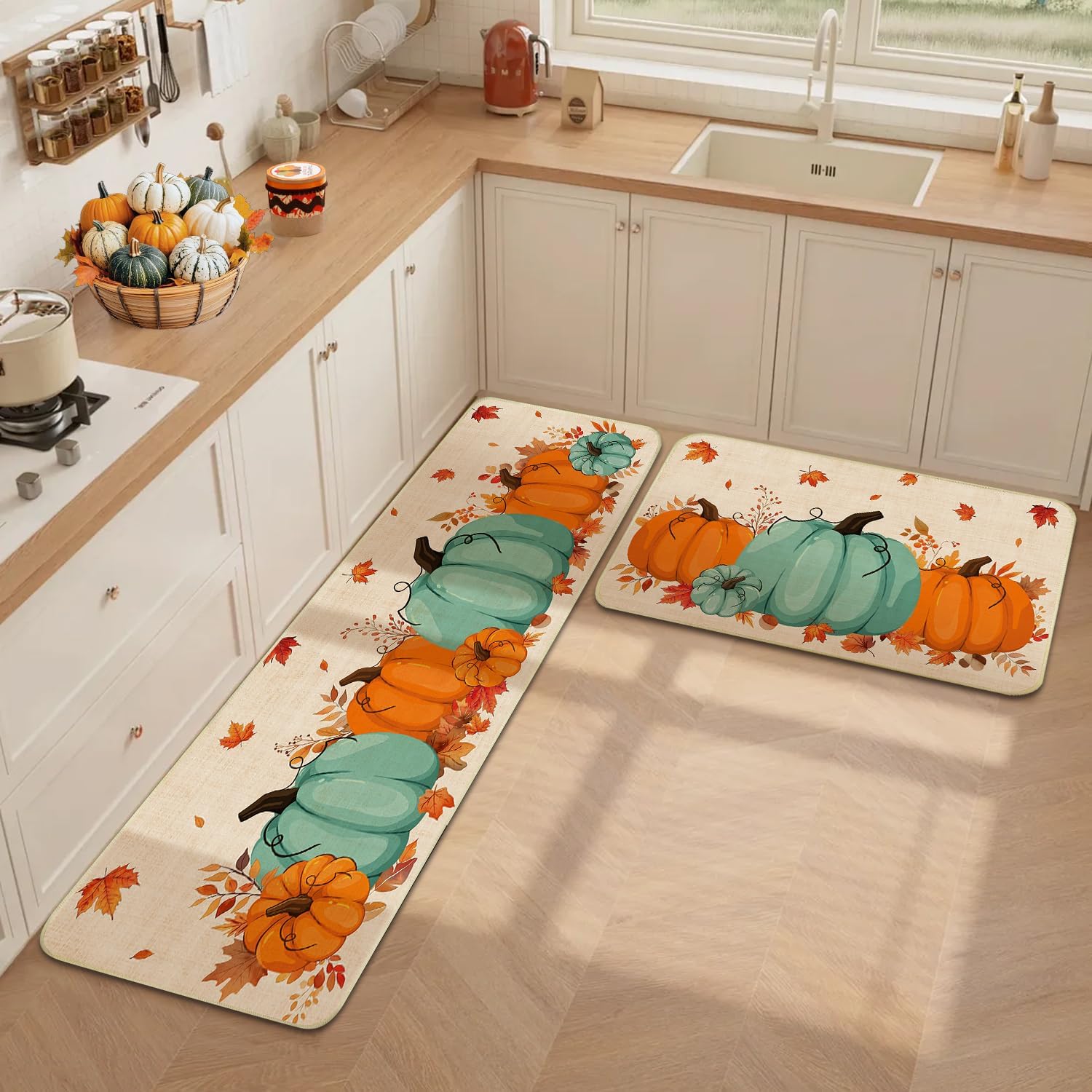 Nialnant Pumpkin Kitchen Mat for Floor, Fall Kitchen Rugs Set of 2 | Non-Slip Rubber Backing, Absorption, Pet-friendly, Low-Profile Washable Linen Rugs for Bedroom, Fall Decor, 17x47 + 17x30