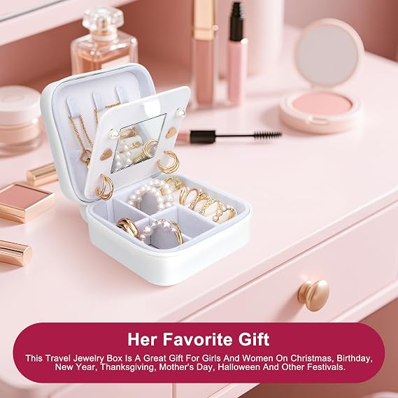 Cute Bunny Travel Jewelry Case with Mirror, Silicone Portable Small Mini Jewelry Organizer Box for Women Girls Mom, Wedding, Birthday Gift - White