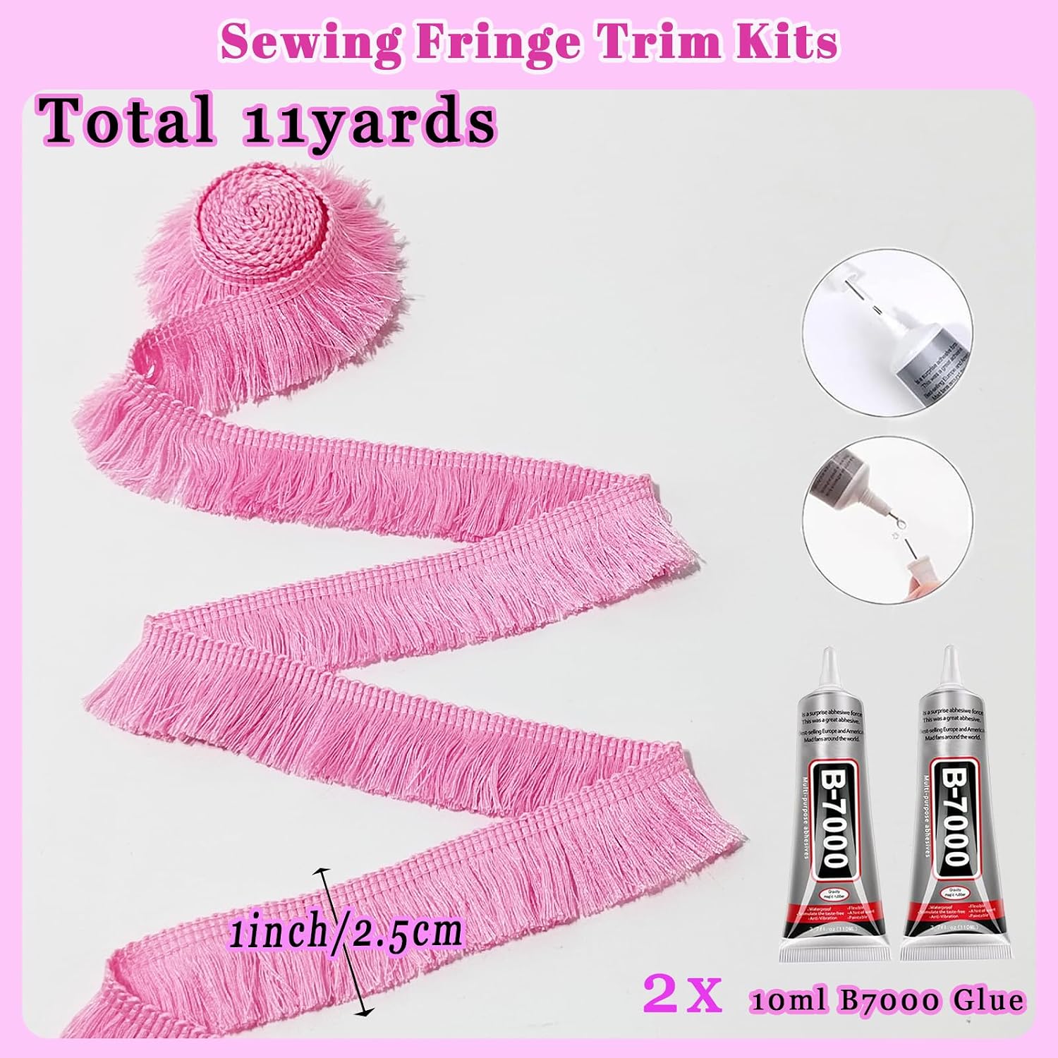 Pink Fringe Trim, 5Yards X 1 Inch Cotton Fringe Trim with B7000 Glue for Crafts Sewing Wedding Birthday Party Decoration