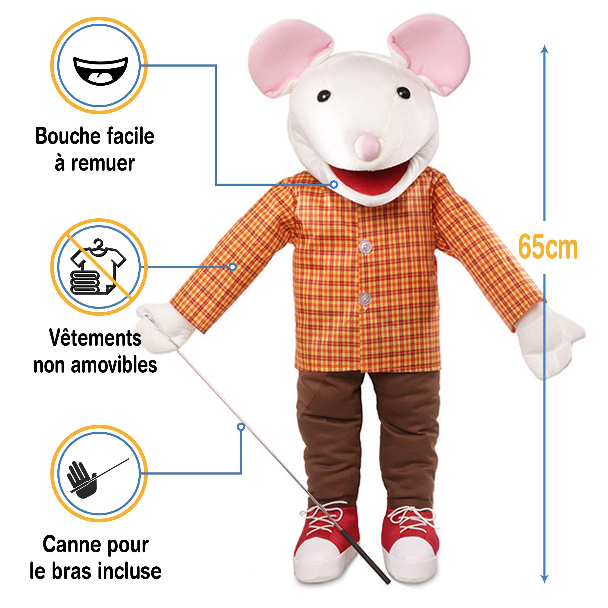 Souris avec baskets, corps complet, style ventriloque, marionnette animal, 65 cm