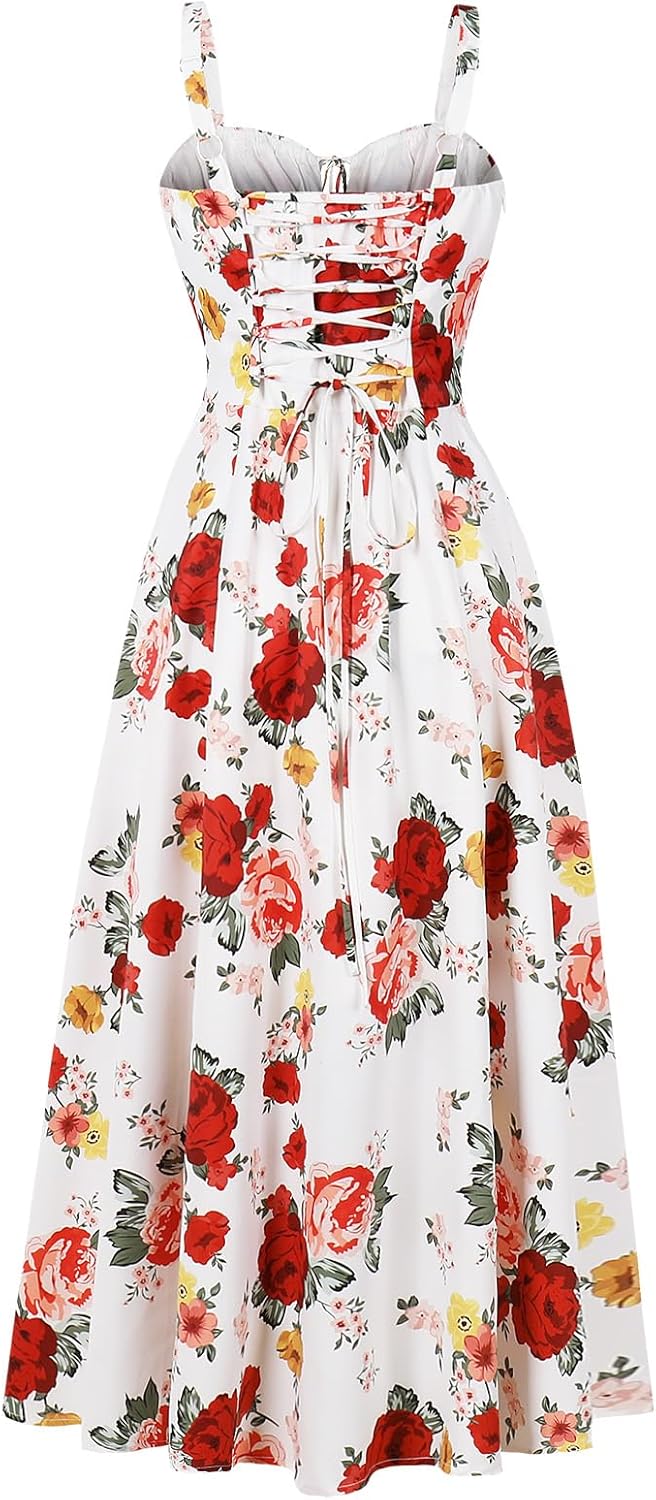 Women Floral Corset Dress, Boho Summer Spaghetti Straps Square Neck Casual Midi Dress Flowy Slit Bustier Dresses - Image 3