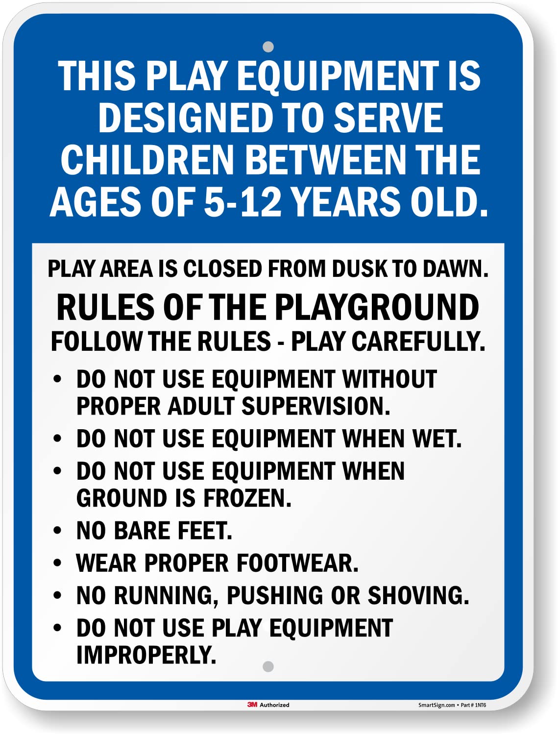SmartSign 24" x 18" 'Equipment Designed To Serve Children Ages 5-12, Rules Of Playground' Metal Sign, 80 mil Aluminum, 3M Laminated Engineer Grade Reflective, Blue/Black/White, USA-Made
