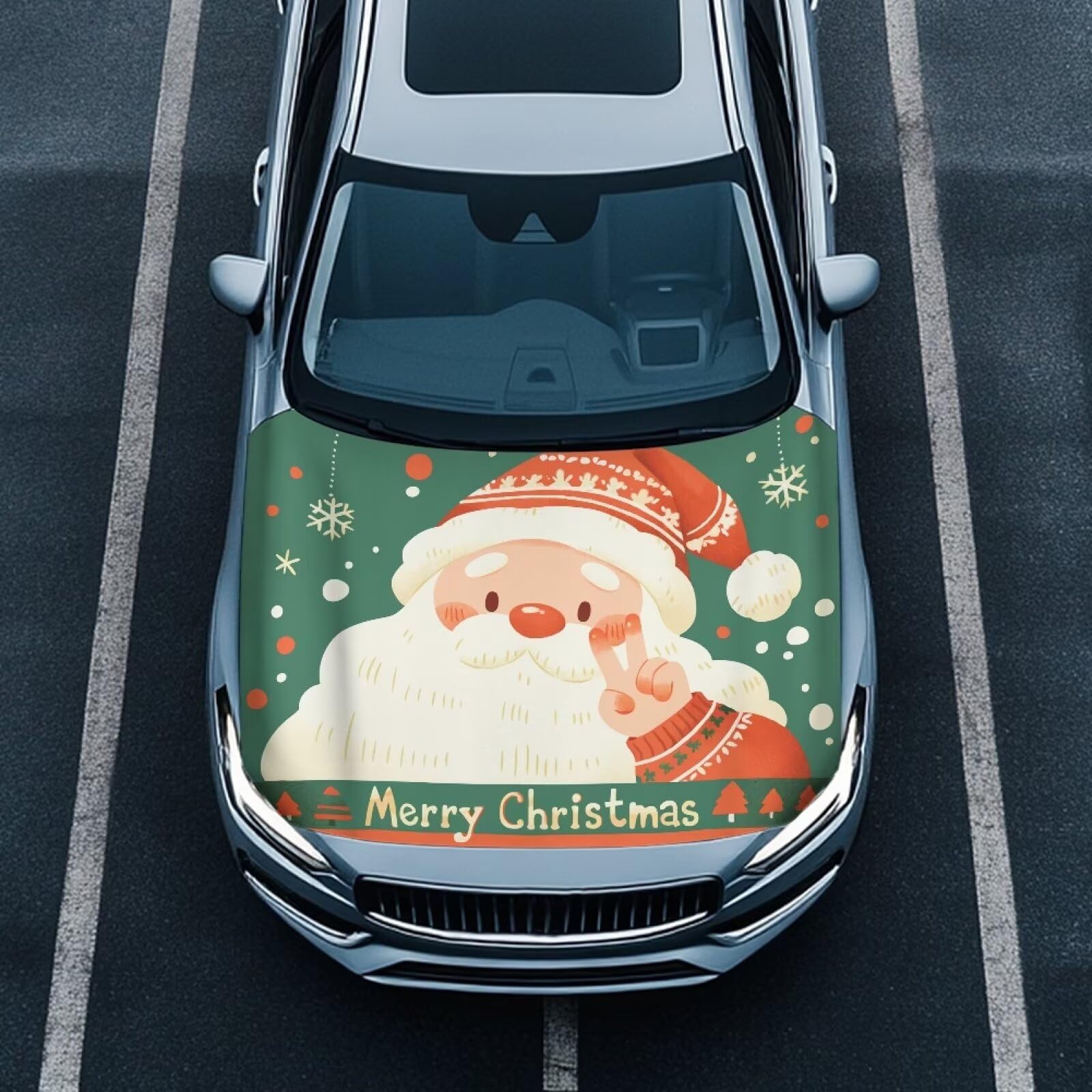 Santa Claus Print Car Hood Cover Stretch Polyester Fabric Cover for Car Hood Removable Car Hood Protector Easy Installation for Car Hood Decoration and Protection