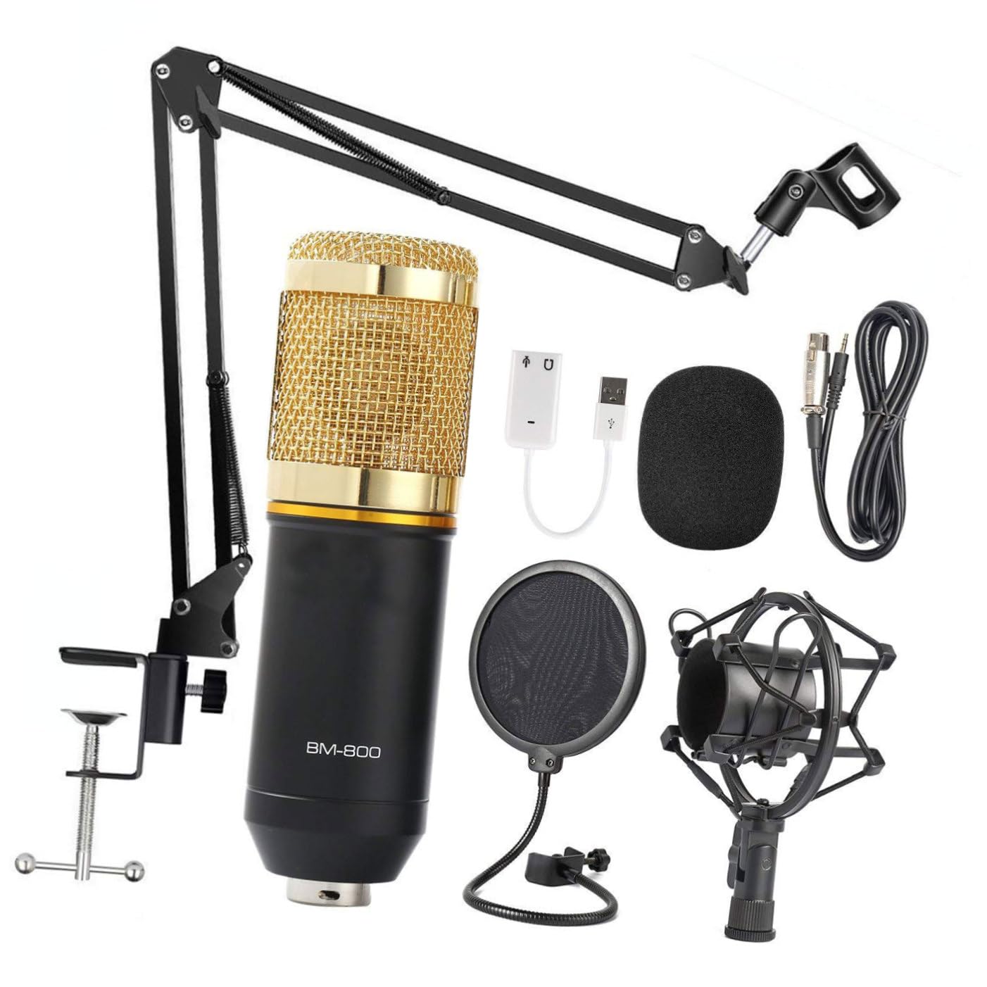ibasenice Micrófono con Soporte Metálico de Condensador Negro Profesional Bm-800 y Alta Sensibilidad Filtro Anti-Pop para Estudios y Grabación en Computadora