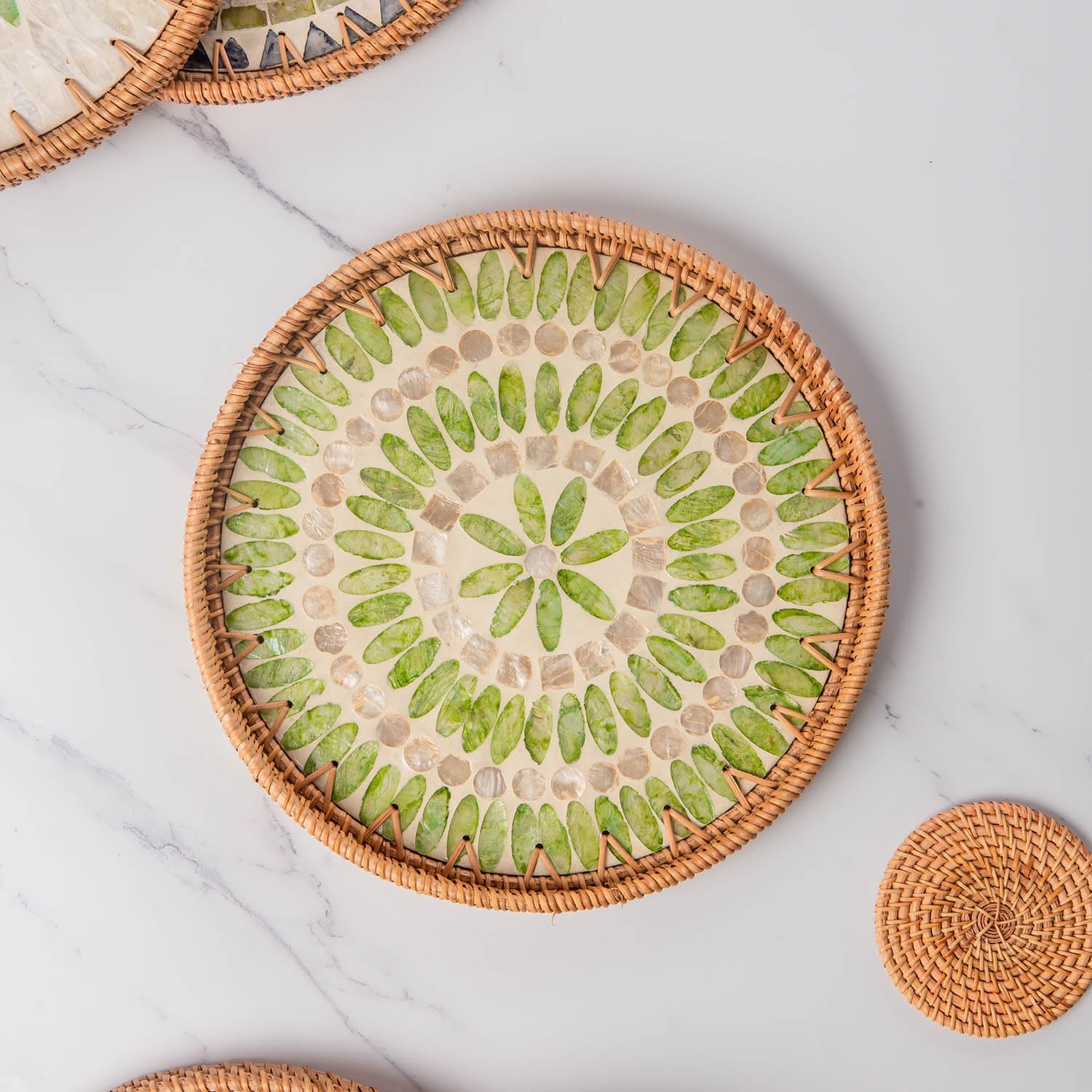 Laquedecarft 11.8" Forest Wicker Round Rattan Mother of Pearl Serving Basket Tray for Décor Coffee Table | Large Boho Circle Woven Decorative Trays for Outdoor, Home, Kitchen Display (Forest) - Image 7