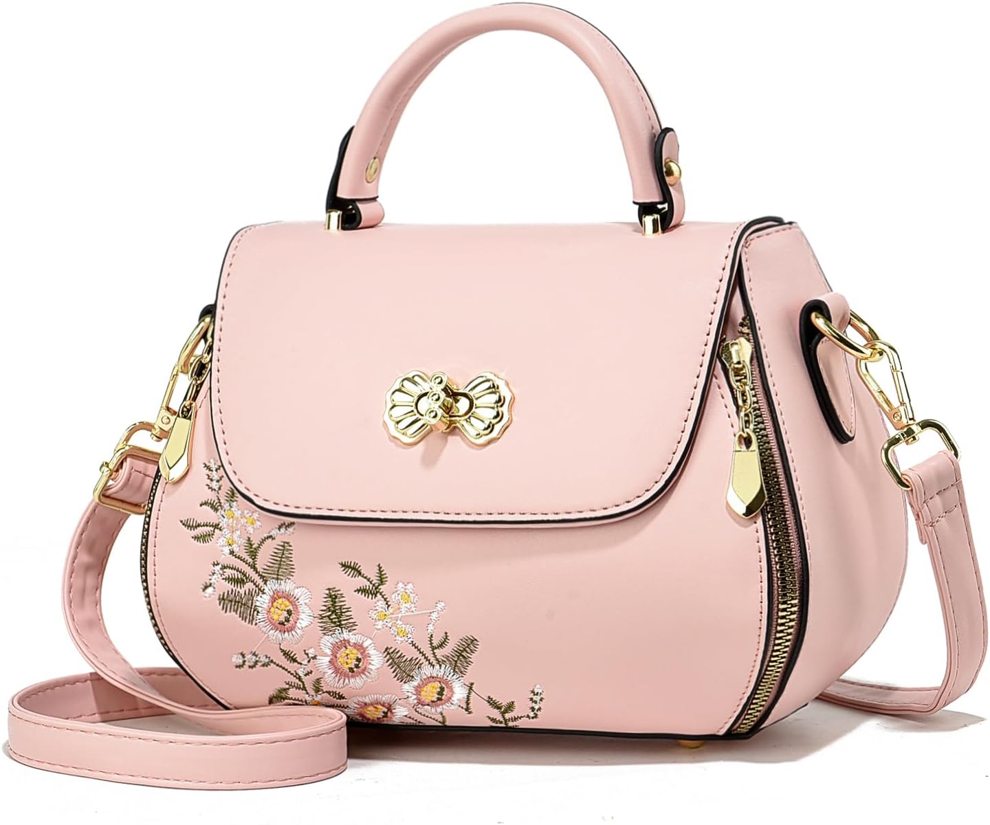 Women Flip up Embroidered Satchel Lightweight Totes Top Handle Purses and Handbag Crossbody Shoulderbag for Lady