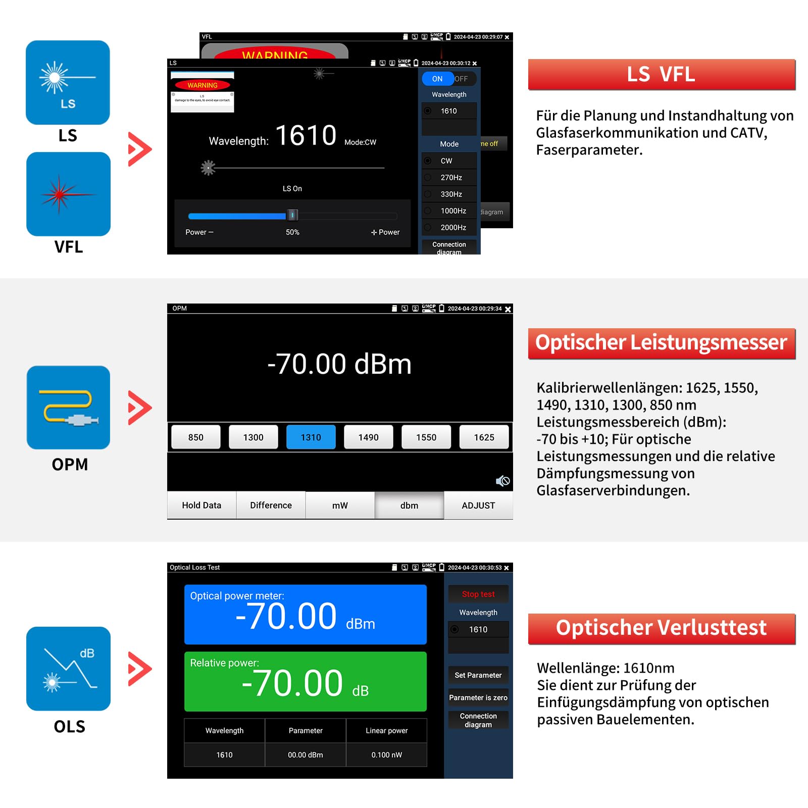 Henkion OTDR-Glasfasermessgerät 8 Zoll IPS-Touchscreen, 1610 nm 32 dB Live Testing, Multifunktionaler Netzwerktester mit Expert Event Map, LS, OPM, VFL, OLS, WiFi und RJ45 Kabeltest Network Tools