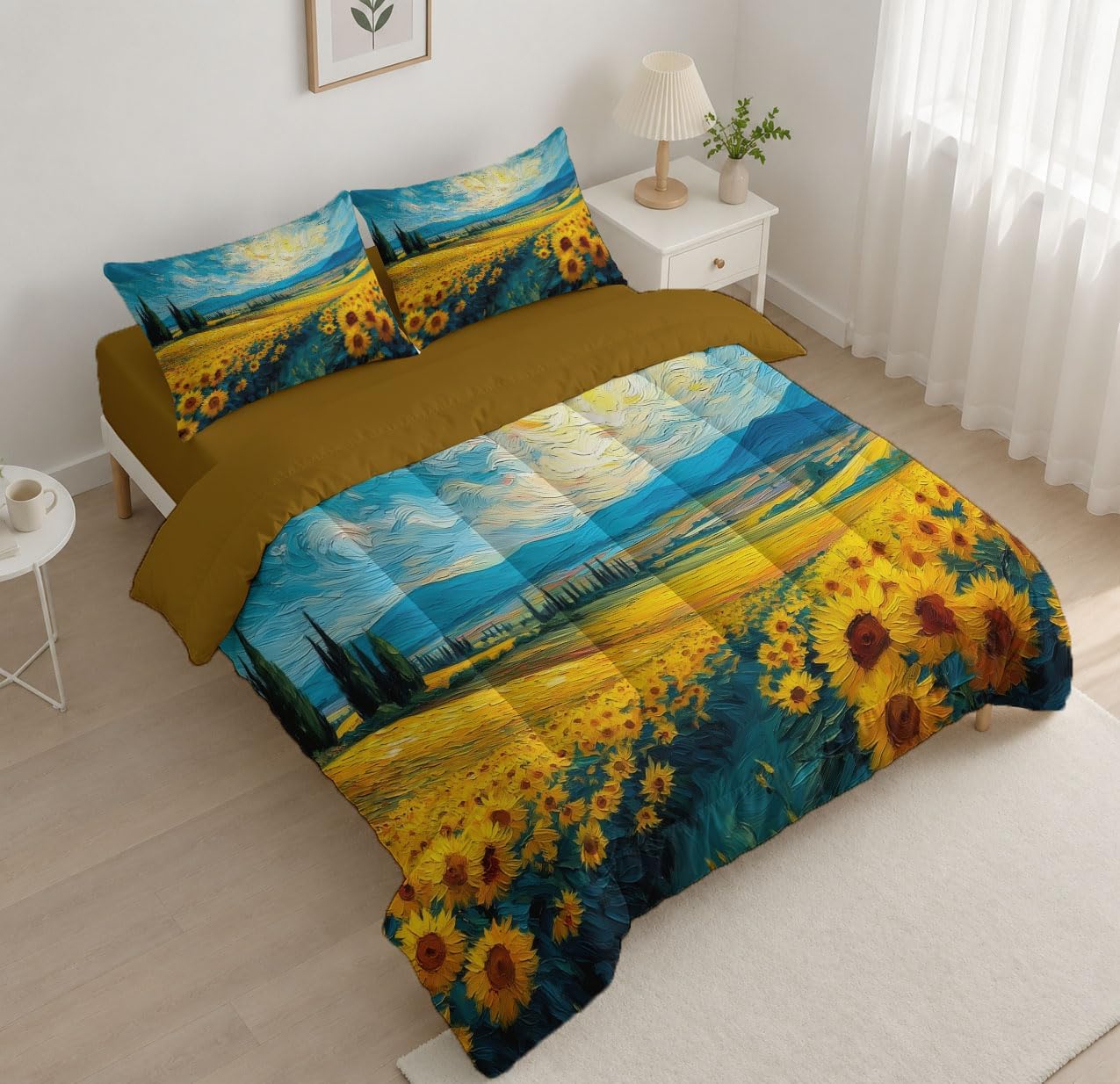 Rural Flowers Comforter Set King Size, Beautiful Sunflower Field Bedding Set for Girls Boys, Bright Yellow Quilt Bed 104"X90" Bedding Comforter Sets with 2 Pillowcase Room Decor