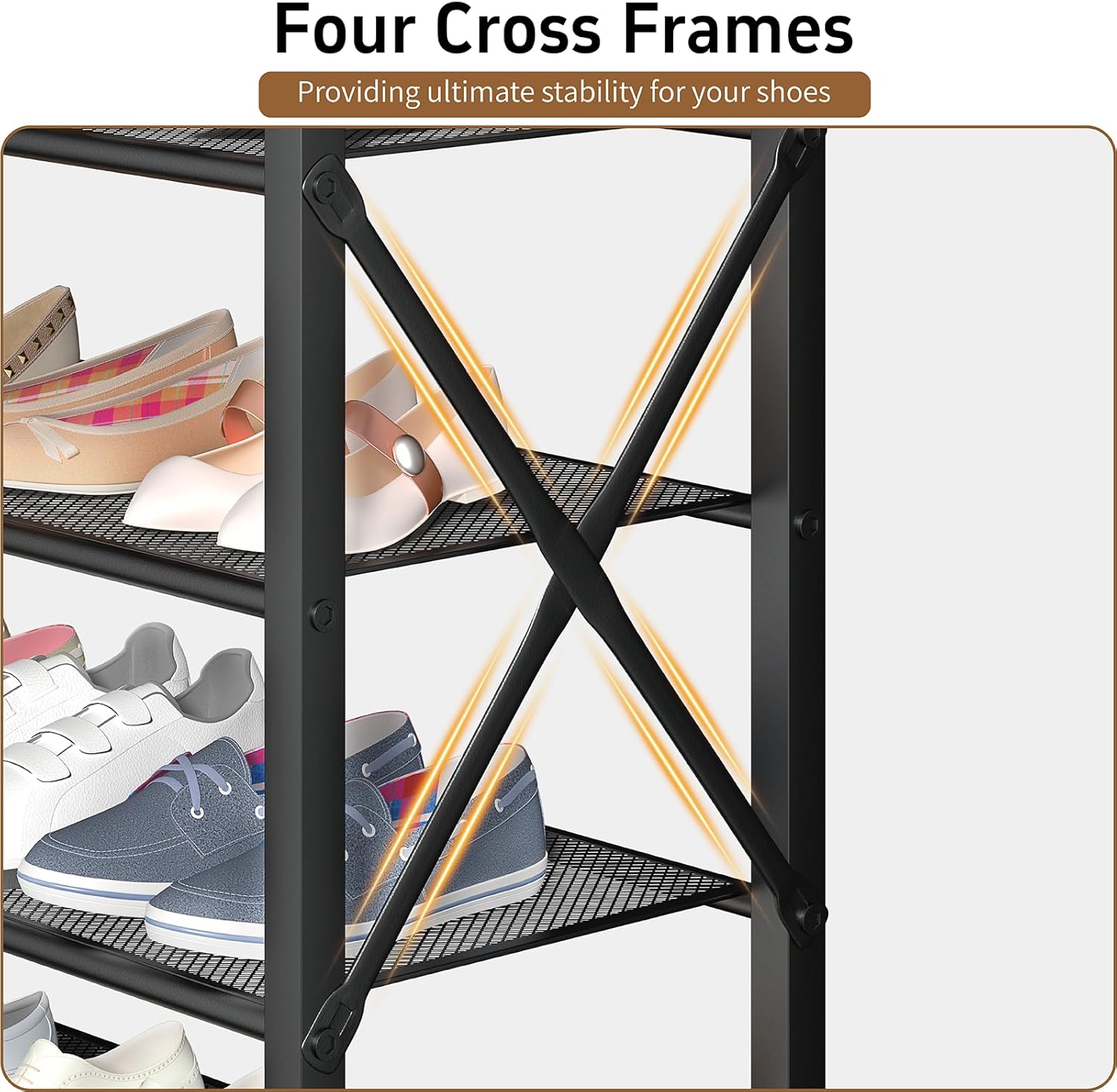 4 Tier Shoe Rack, Metal Shoe Organizer with Wooden Top, Shoe Shelf for Entryway Closet Door Entrance, Rustic Brown