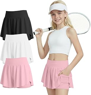3 Pack Girls Athletic Shorts | 2 in 1 Skorts, Tennis, Flowy, Butterfly, Elastic High Waist, with Pockets, Sports, Back to School Outfits, for Kids 5-14