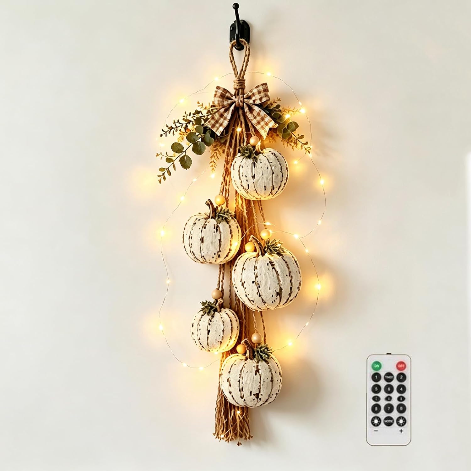 Fall Swag for Front Door, Lighted Wooden Pumpkin Door Hanger with LED，A