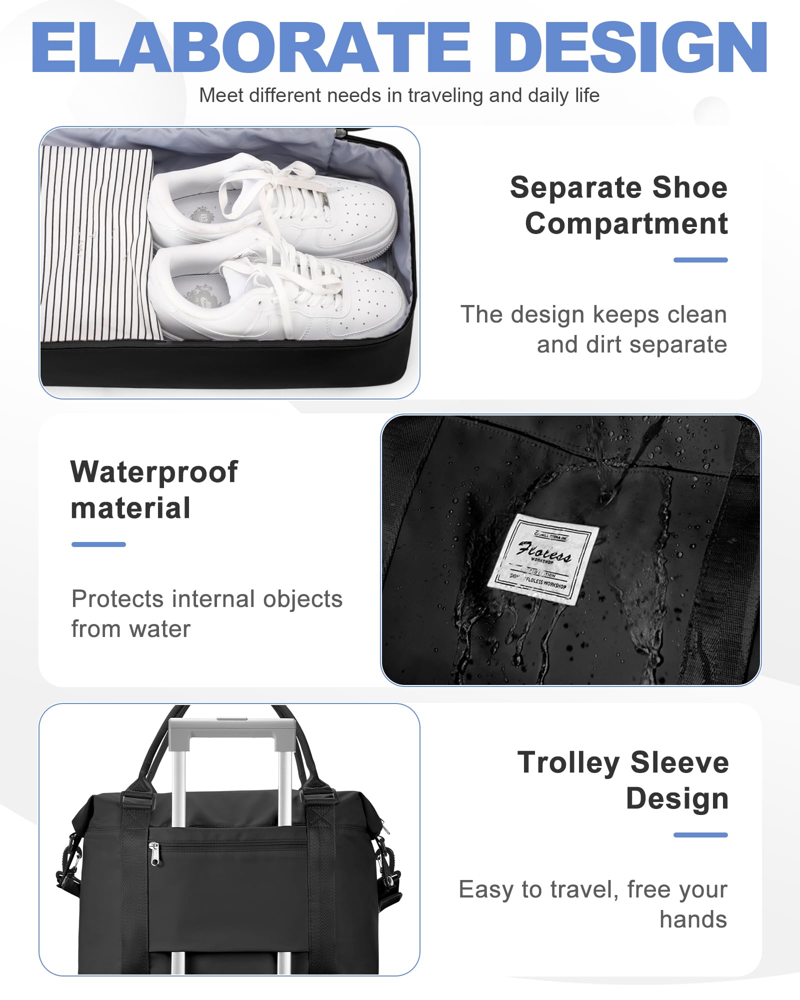 Travel Duffel Bag, 18x14x8 Inches Travel Bag Spirit with Shoes Compartment, Weekender Overnight Bag for Women with Trolley Sleeve, Carry On Bag for Airplanes Sport Tote Gym Bag Black